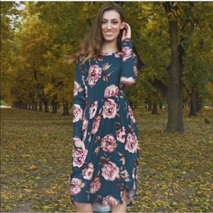 Teal Floral Midi Dress Long Sleeve